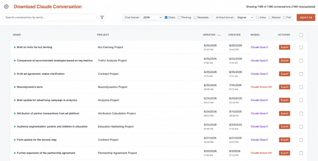 Browse page listing Claude conversations with search and Export All